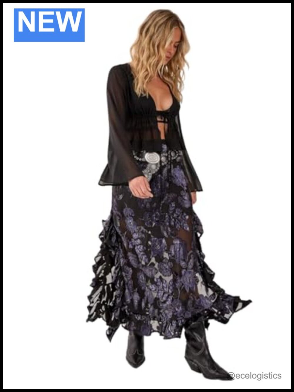 Floral Devore Ruffle Maxi Skirt - Side Split, Sheer Effect